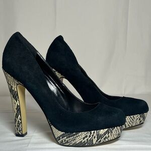 Maiden Lane Black and Snakeskin Platform Heels
